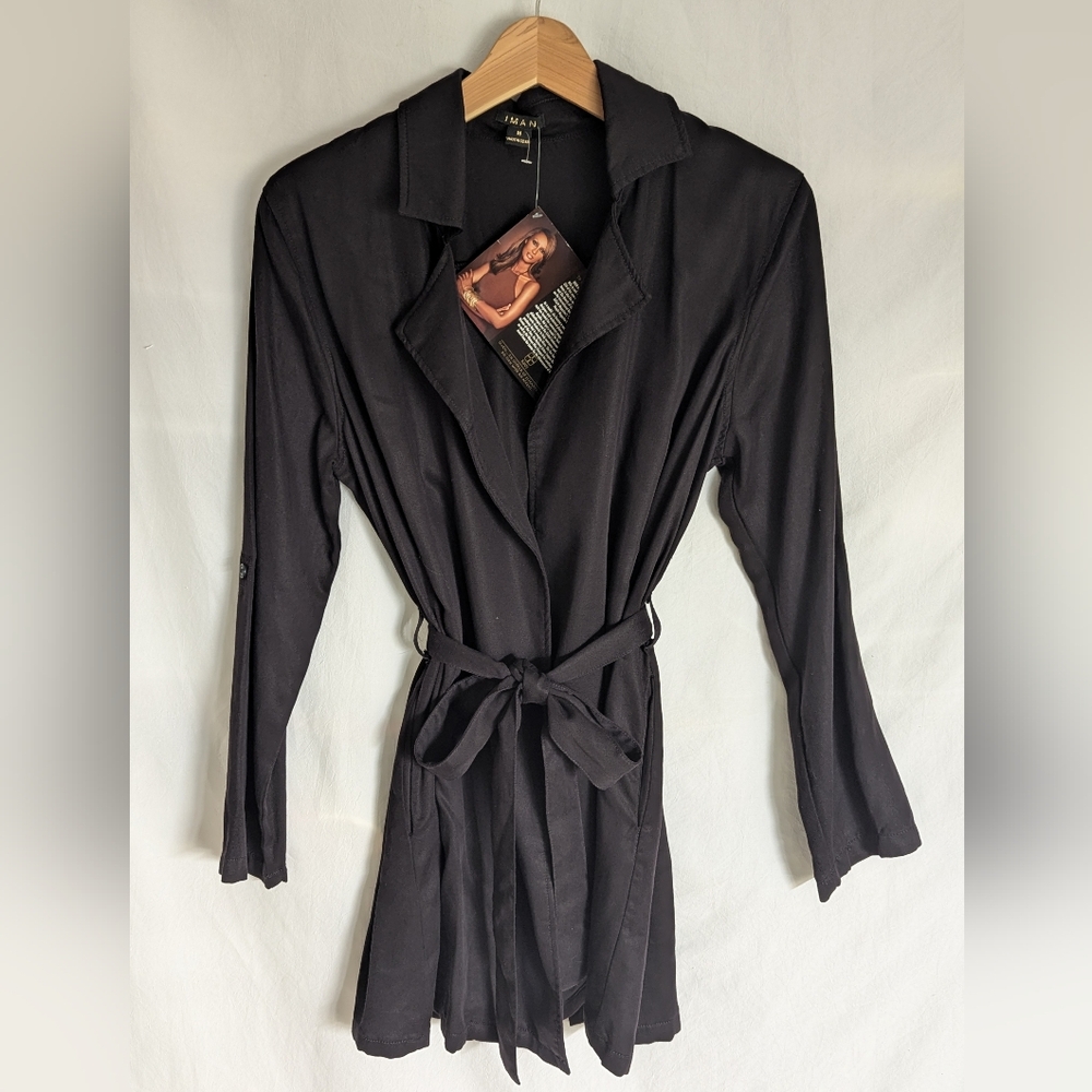 IMAN Black Wrap Lightweight Coat Or Dress Sz M New  Pockets Belt Viscose
